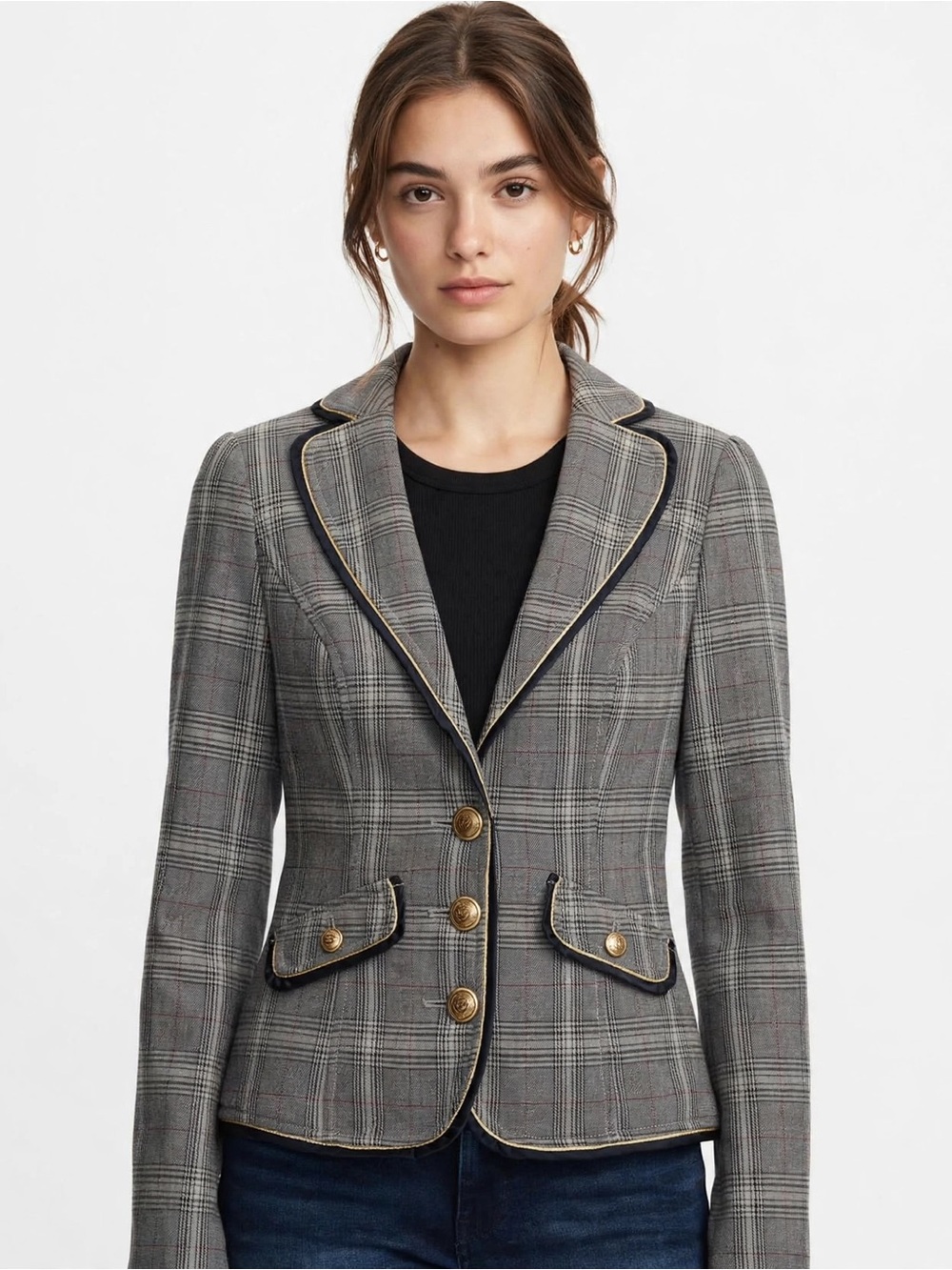 GUESS Gray Plaid cropped Blazer size XS YTK Academia Workwear Gold Buttons